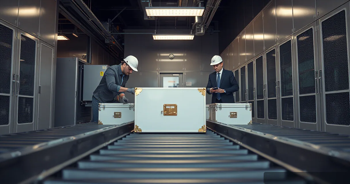 Two technicians in hard hats oversee the transfer of large, metallic armored cases between two conveyor belts in a high-security industrial facility with grey metal walls and overhead lighting.