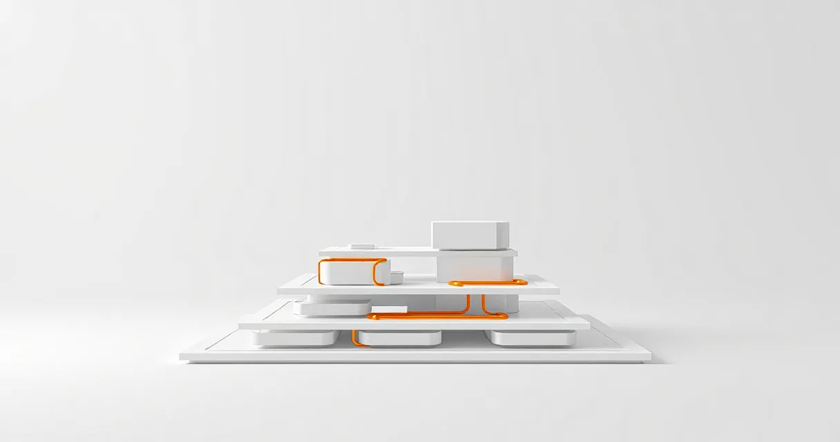 A minimalist 3D studio scene featuring white geometric blocks arranged in layers on a platform. Amber-colored lines weave through and connect the blocks, symbolizing data flow paths within a complex system.