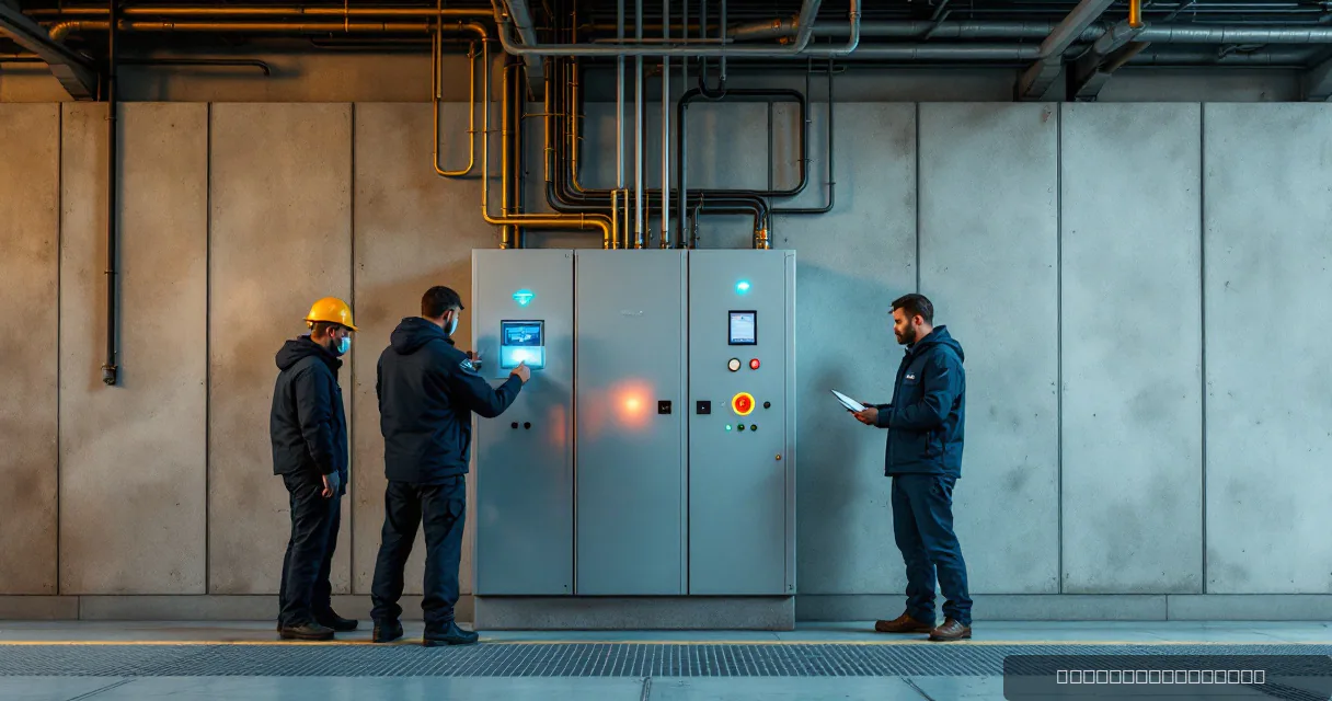 Three technicians in dark uniforms and safety gear stand beside a utility relay station. One technician is interacting with an electronic panel, while another observes, holding a tablet. The third technician stands nearby, looking at his own device. The setting includes industrial pipes and concrete