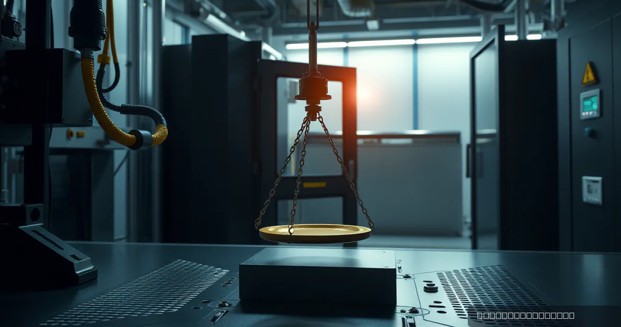 A close-up of a golden balance scale suspended above a dark rectangular block on a metallic surface within a high-tech industrial facility, illuminated by a warm amber light in the background.