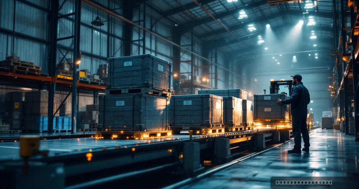 A lone worker in a dark warehouse inspects large industrial crates being moved along a conveyor belt under dramatic blue-toned lighting.