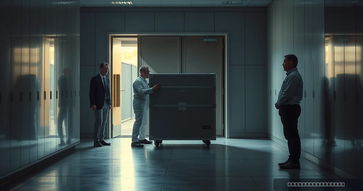 In an institutional vault, two technicians in protective gear move a sealed armored case through a security gate while an auditor observes. The scene conveys a sense of secure transfer and official recognition.