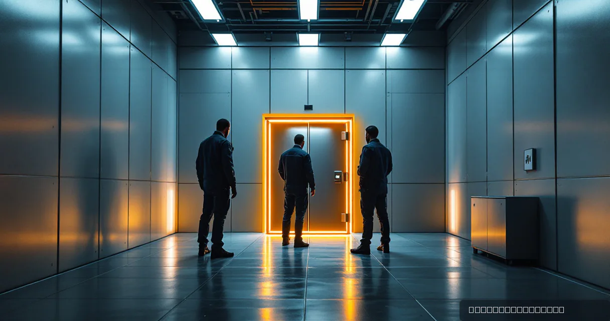 Three men in dark uniforms stand in a futuristic, metallic corridor with a glowing orange rectangular doorway at the center. The scene is lit with cool blue tones and warm amber highlights from the door's frame.