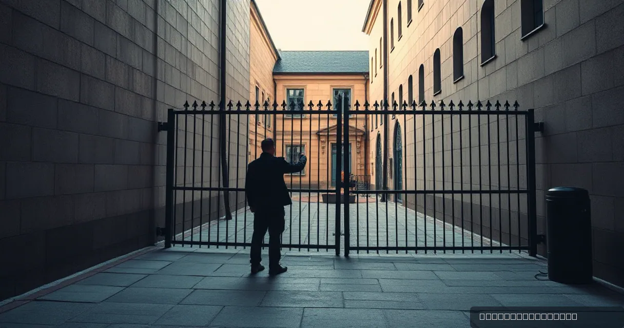A person in a dark coat stands before a large metal gate in a stone courtyard, one section of the gate open to reveal a building beyond. The scene is captured in a wide cinematic frame with high contrast between the warm-toned stone and cool shadows.