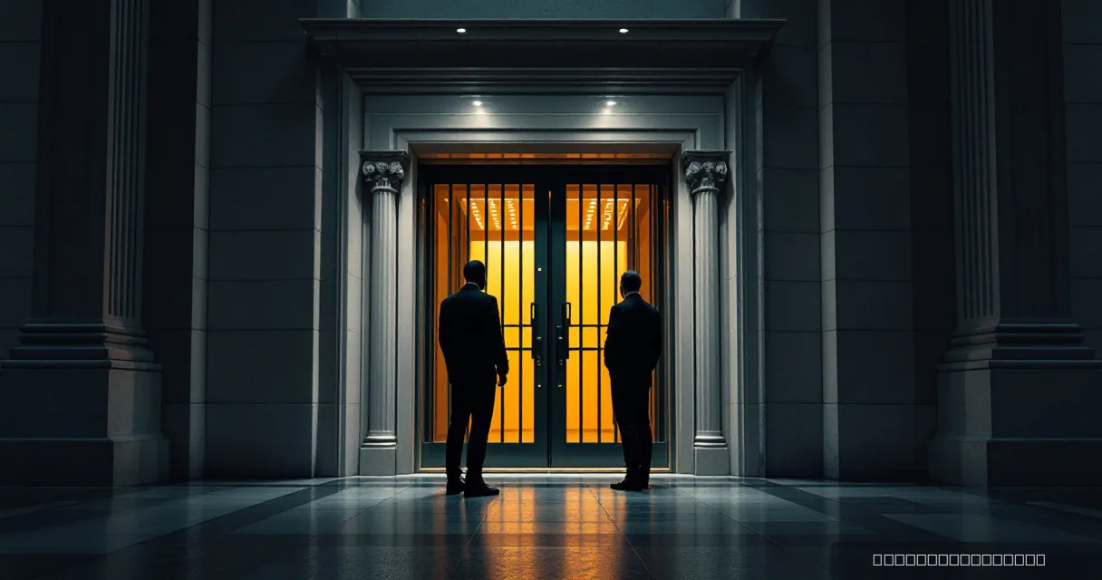 Two silhouetted figures in suits stand before a large set of double doors. The interior behind the glass is glowing with a warm orange light, while the exterior architecture is rendered in cool grey and blue tones.