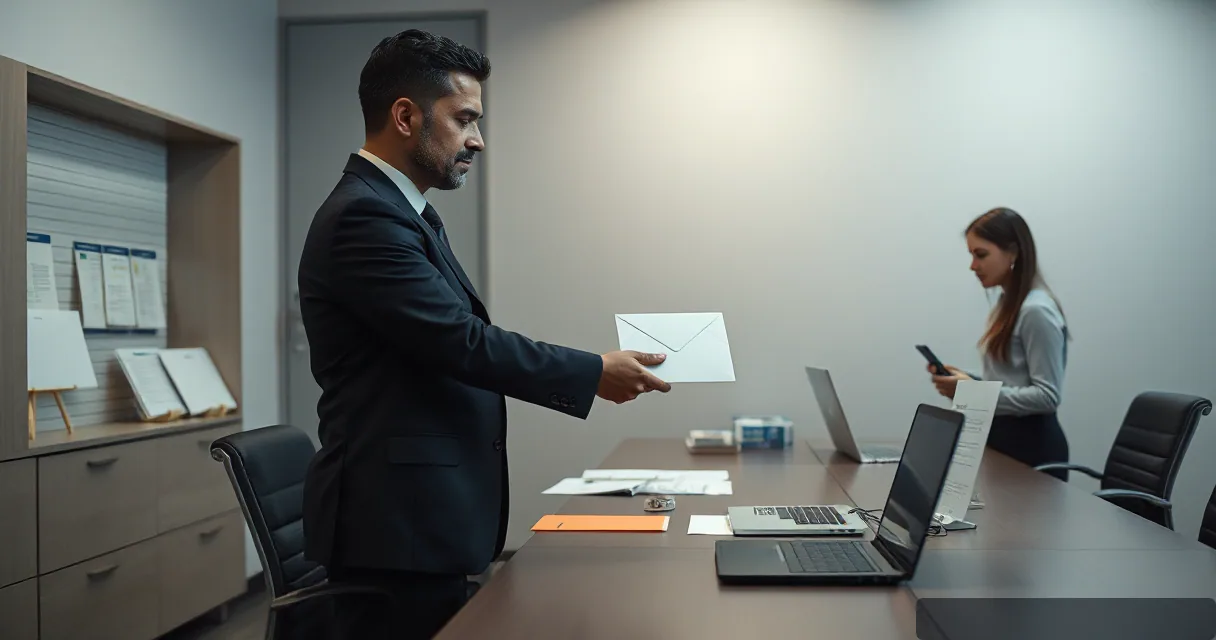 An auditor in a suit transfers a sealed key envelope across a desk to another individual in an office setting. The scene is devoid of any text or recognizable brand elements, focusing on the action of the handoff.