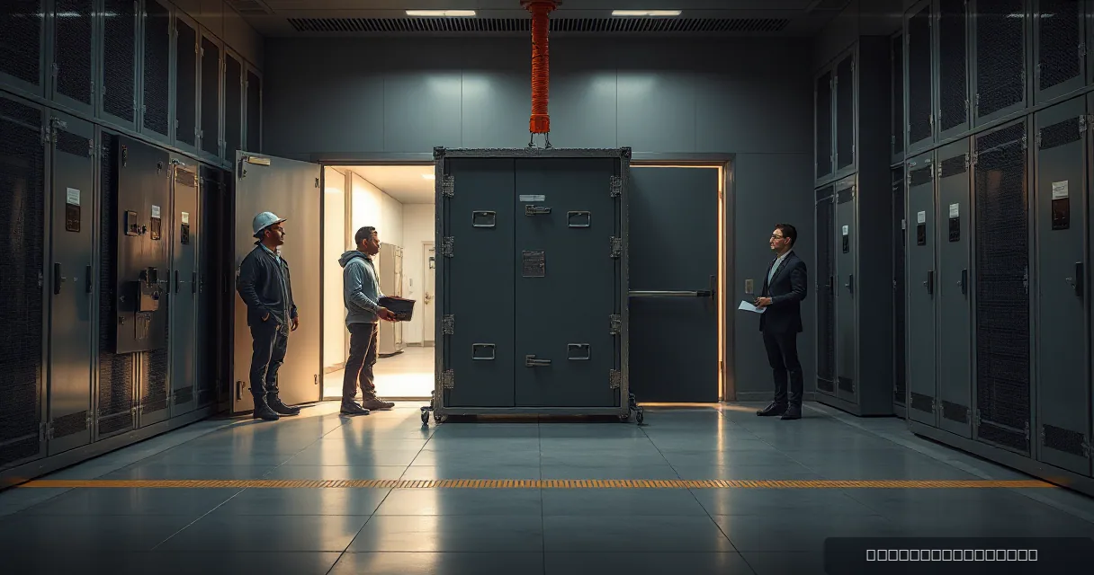 Two technicians move a heavy armored safe through an open doorway in a high-security vault corridor while a man in a suit observes with a clipboard.