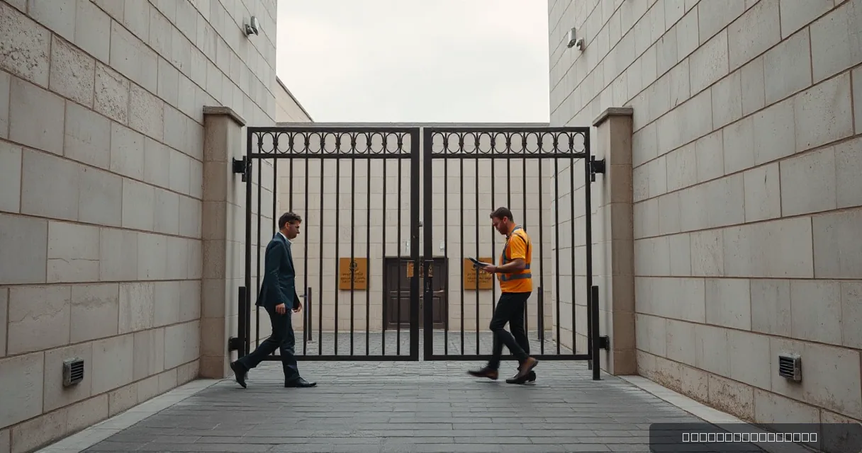 A compliance officer checks a closed gate while an auditor passes through an open one, symbolizing the monitoring of digital financial flows against traditional events.