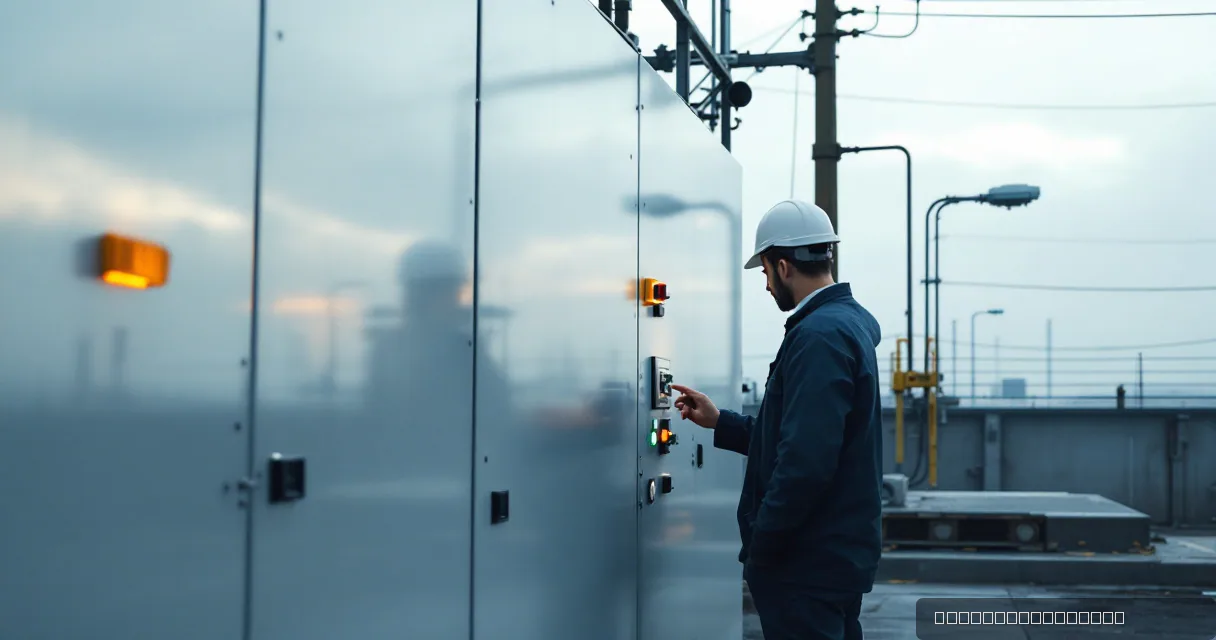 A technician in a hard hat and navy uniform operates a control panel at an industrial utility station under a cloudy sky. The scene features muted tones of blue and grey with a single amber light on the equipment.