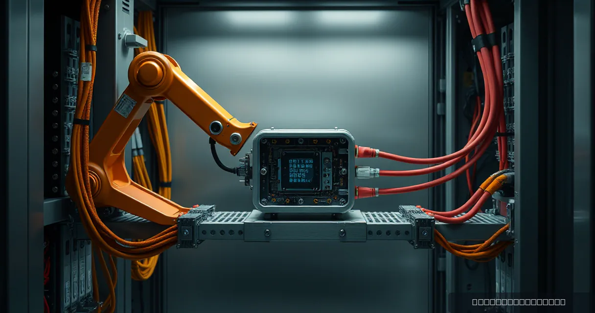 A cinematic editorial shot inside an industrial relay cabinet where a large orange robotic arm interacts with a central metallic processing unit. The scene features thick bundles of red and amber cables connecting the units, symbolizing the physical interception of transaction flows.