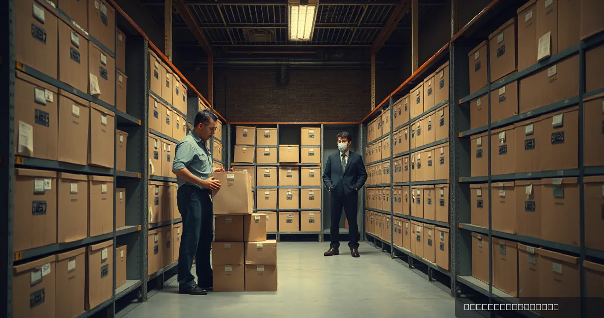 An archivist in a warehouse-like room moves cardboard boxes onto a stack of others, while an auditor in a suit stands nearby observing the space. The scene is framed by tall shelves filled with similar boxes under industrial lighting.