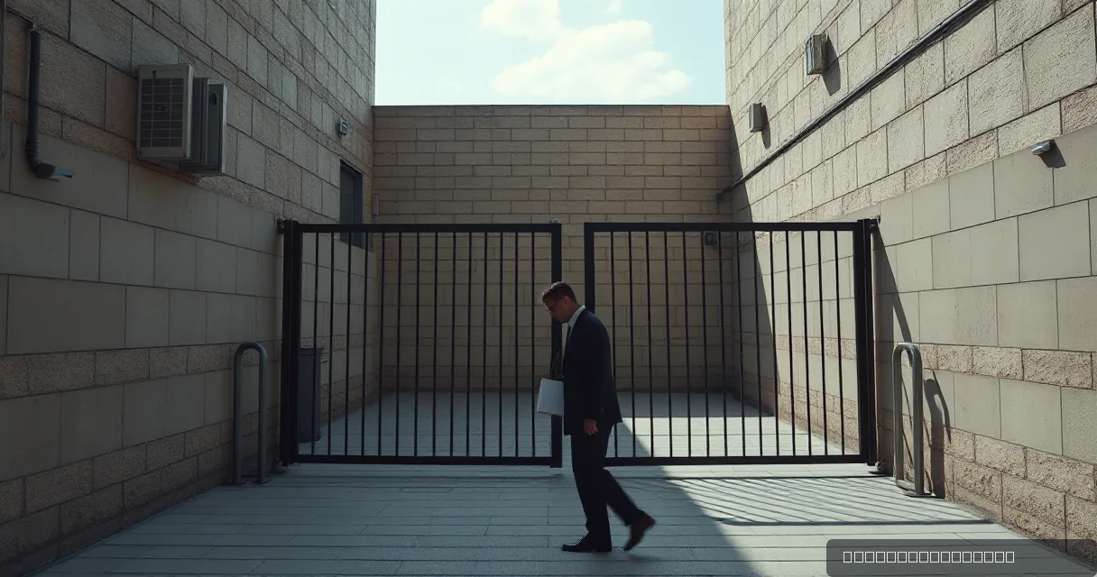 A man in a suit walks past a closed metal gate in a minimalist stone courtyard, symbolizing restricted financial flow.