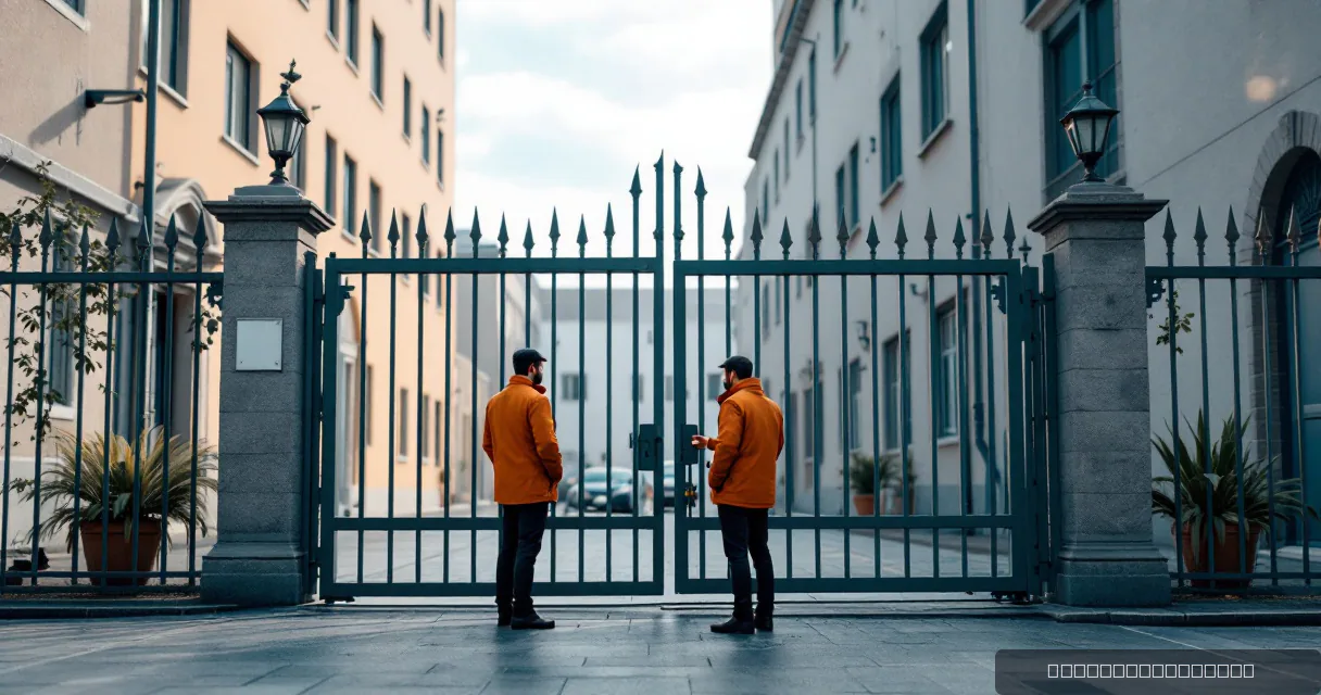Two individuals in orange jackets stand at a large metal gate in an urban setting. One person is opening one of two gates, symbolizing access control or verification within a secure digital environment.