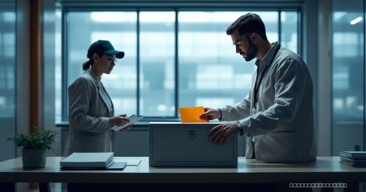 A man in a light-colored coat places an orange envelope into a grey metal box while a woman in a cap and beige jacket observes the transaction in a minimalist office setting.