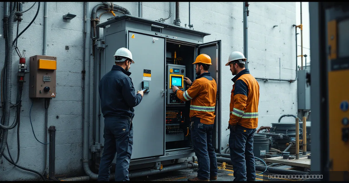 Three technicians in safety gear are working on a utility relay station. One technician is replacing an electronic device inside a weatherproof cabinet while another verifies the new connection, symbolizing digital asset infrastructure development.