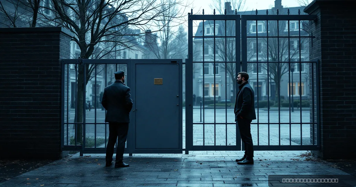 A compliance officer opens an unmarked metal gate in a neutral civic courtyard, allowing an institutional auditor through while another gate remains closed. The scene symbolizes the integration of digital assets into traditional banking systems.