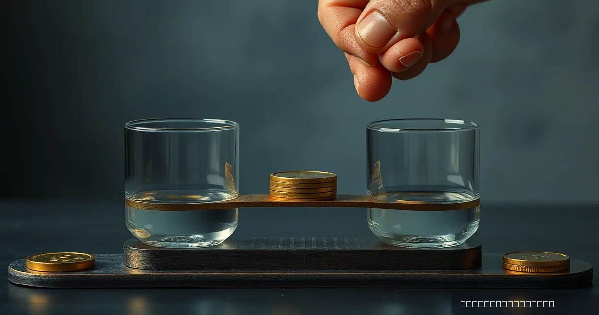 A close-up of a balanced scale with two glass containers filled with water, where a human hand reaches toward a stack of gold discs in the center, symbolizing the transition to stablecoin infrastructure.