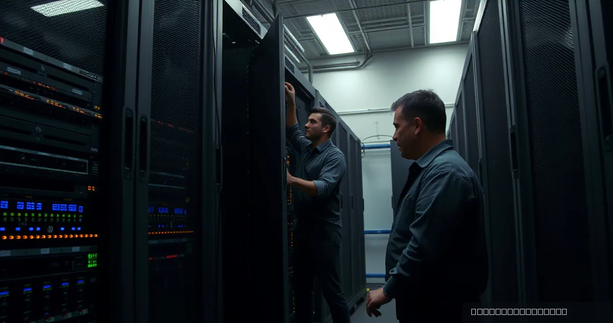 Two technicians in a dimly lit data center; one works on a server rack while the other observes nearby. The scene is dominated by rows of dark server cabinets with small status lights under cool overhead lighting.