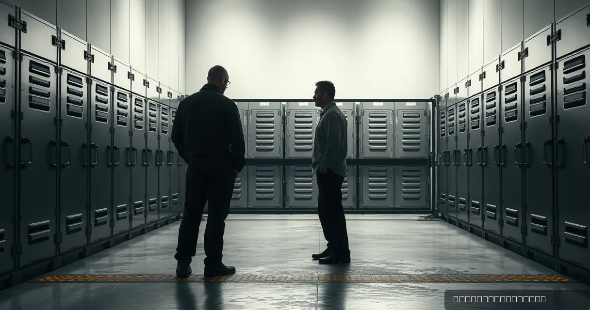 Two men stand facing each other in a high-security vault filled with rows of metallic storage lockers, symbolizing the secure infrastructure for stablecoin transactions.