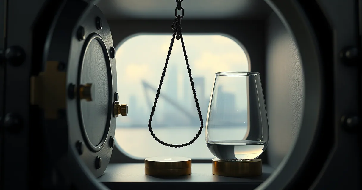 An open vault door stands next to a heavy chain loop and a glass vessel filled with liquid on a stone base, set against a blurred cityscape background in soft afternoon light.