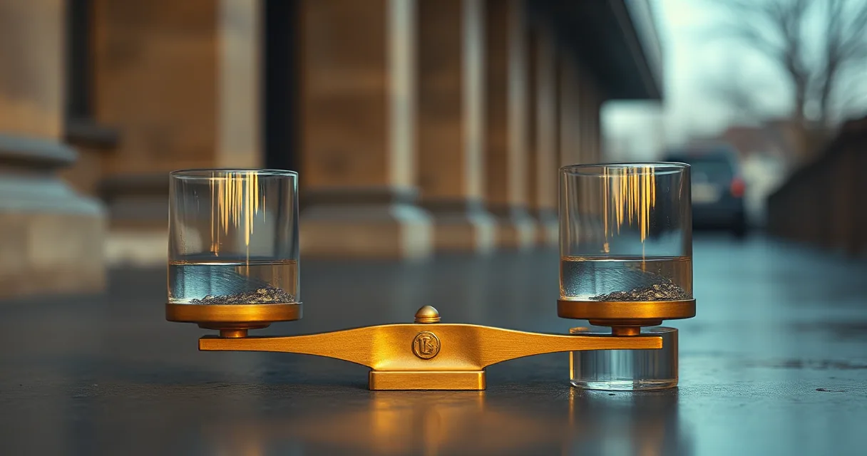 A balanced brass scale sits on a stone surface outdoors. Two identical glass cylinders rest on the ends of the scale's arms; each contains clear liquid with small particles at the bottom. The scene is lit with cool ambient light and a warm glow on the central part of the scale.