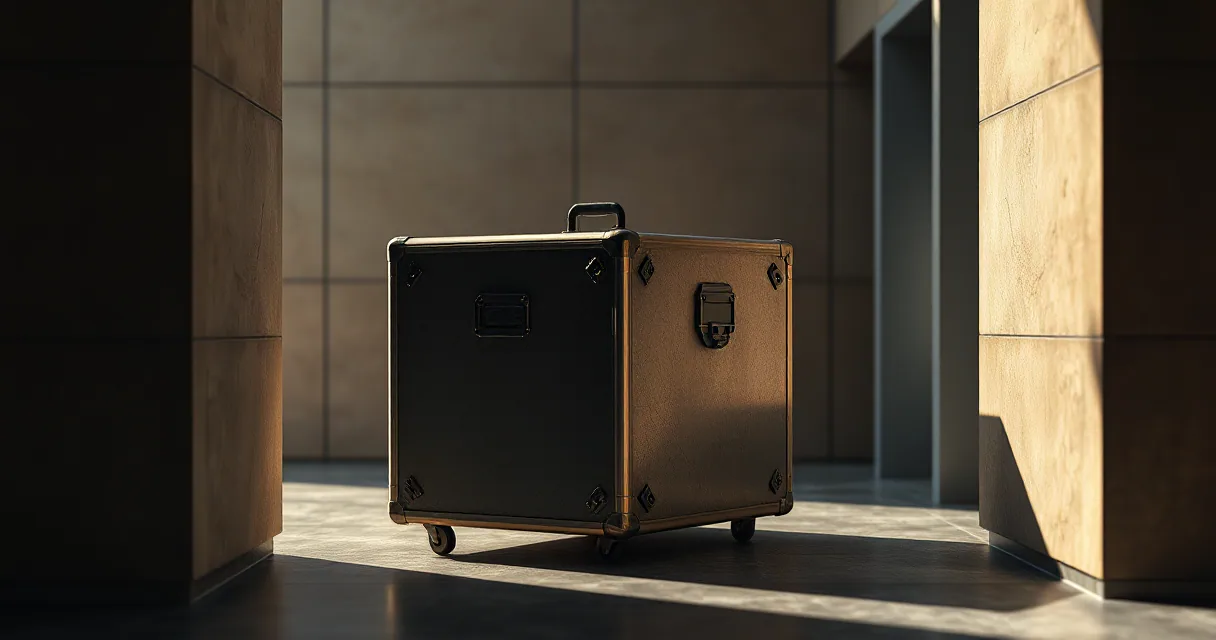 A large, weathered metal storage case with heavy-duty wheels sits in a sunlit corridor of stone walls, symbolizing the weight of upcoming economic data and regulatory shifts.