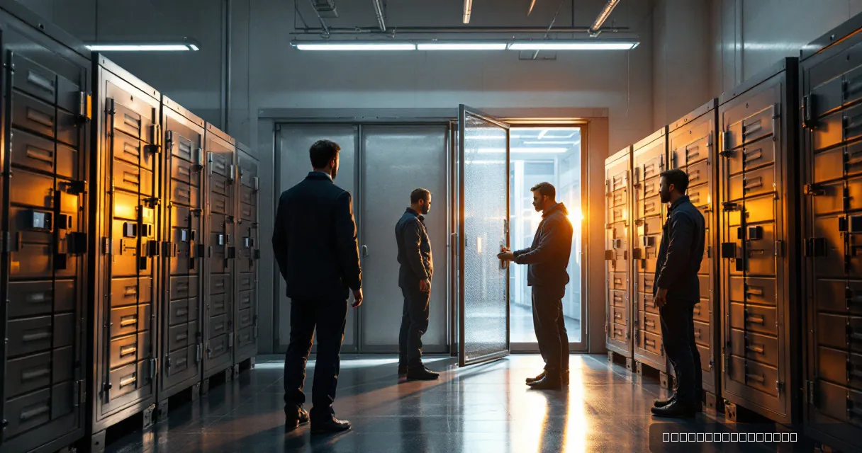 Three men in suits stand in a high-security vault filled with metal lockers. One man stands near an open gate that glows with warm light, while another looks on from the foreground and a third stands by a row of lockers to the right.