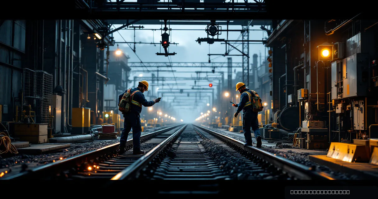 Two railway workers in high-visibility gear stand on parallel tracks within a dimly lit, atmospheric rail yard. One worker looks at a handheld device while the other stands near a signal post, surrounded by industrial equipment and overhead structures.