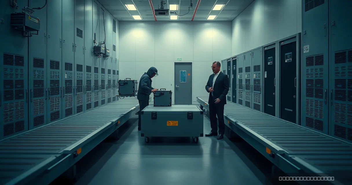 A technician transfers an unmarked armored case between two guarded conveyors while an auditor inspects the custody handoff in a secure operations floor with cool ambient lighting and dark plum, mineral white, slate blue, and brass details.