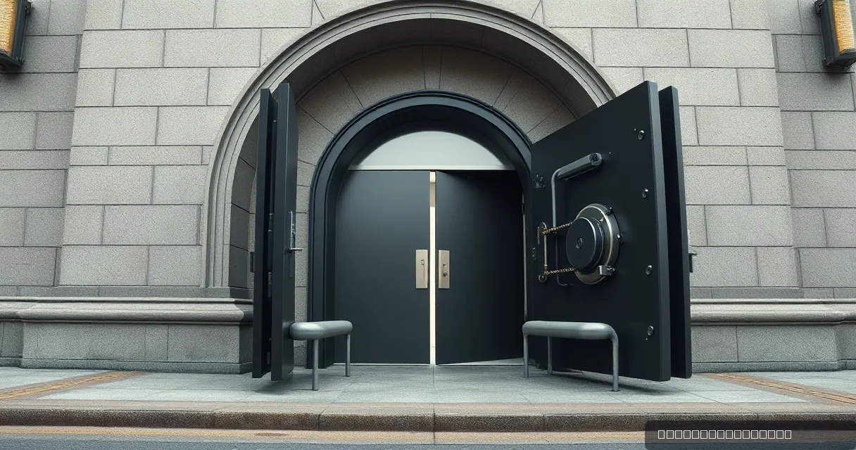 A massive, dark grey steel vault door stands open in a stone archway, revealing a sleek interior. Two modern benches sit on either side of the entrance, and the scene is captured in a cinematic, high-contrast style.