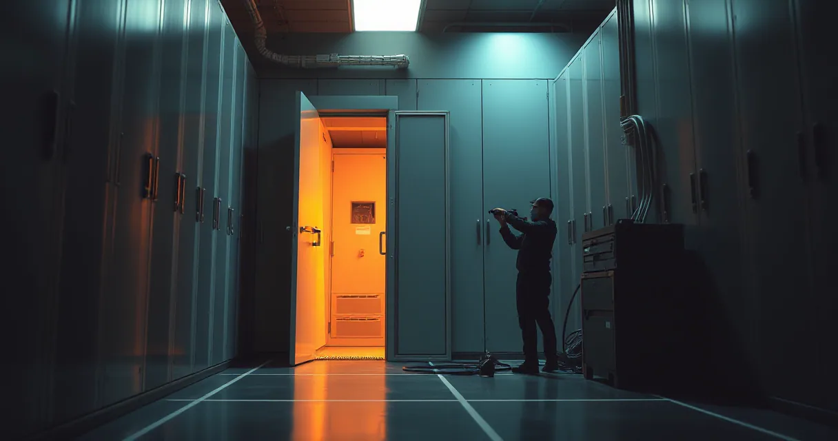 A cinematic editorial illustration of a technician in dark clothing working near an open vault door in a high-tech server room. The interior of the vault glows with warm amber light, contrasting against the cool cyan and grey tones of the surrounding corridor.