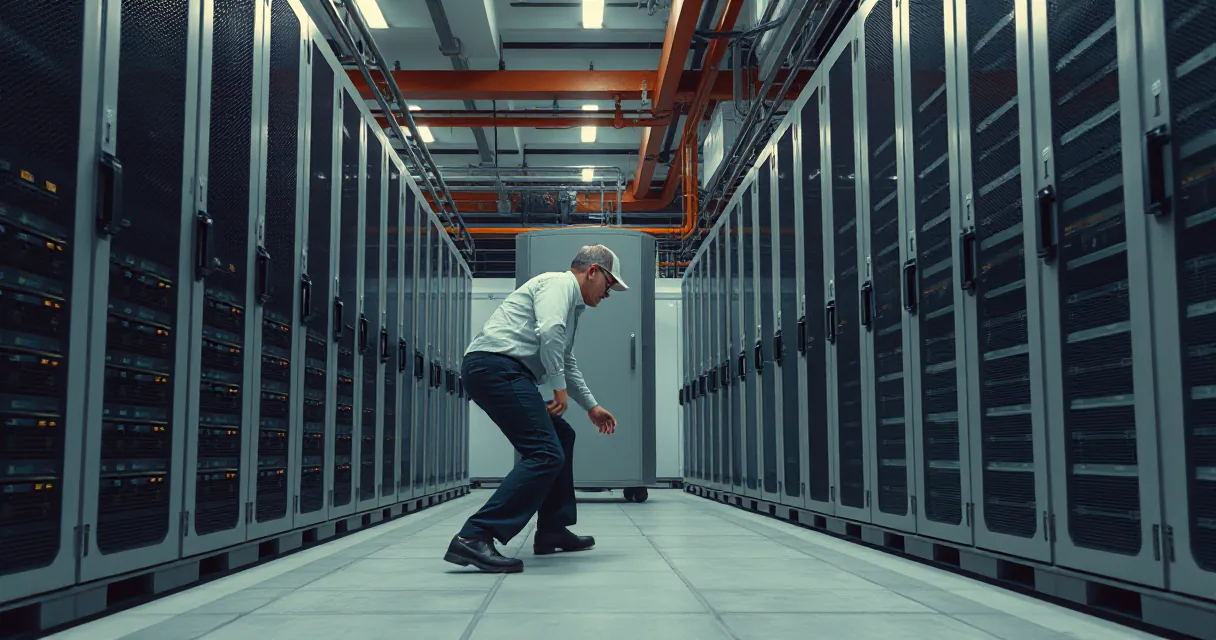 A man in a white shirt and dark trousers stands in a long corridor of server racks, leaning forward to inspect something in his hands. The scene is lit with cool tones, emphasizing the scale of the data center.