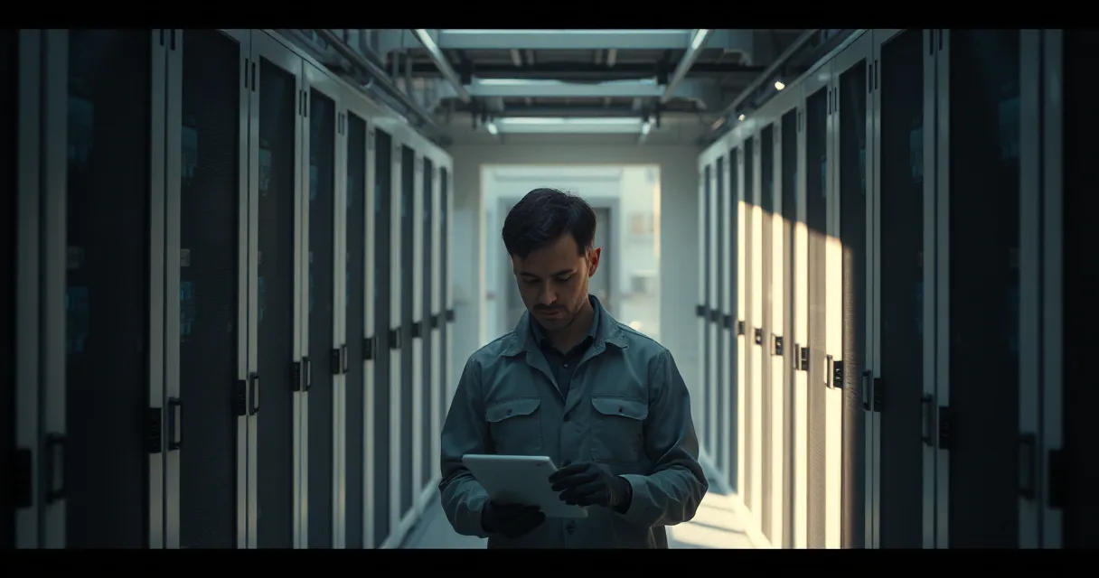 A technician in a blue work shirt stands between rows of server racks in a dimly lit data center, looking down at a tablet device held in both hands.