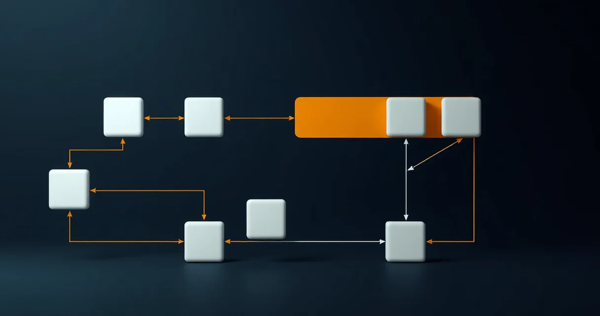 A minimalist 3D studio scene featuring white cubes connected by thin lines on a dark blue gradient background. A large orange rectangular block serves as a focal point in the center-right, representing a transition zone or new infrastructure layer.
