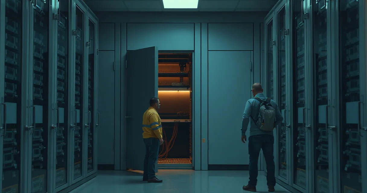 Two men in a large, dimly lit server room; one stands near an open door revealing glowing orange internal wiring of a server rack, while another man with a backpack faces him. The scene is framed by rows of tall server cabinets under cool blue lighting.