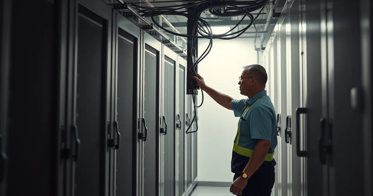 A technician in a blue shirt and safety vest works among towering server racks in a data center, his hand reaching toward a bundle of cables to adjust or connect them. The scene is lit with dramatic side lighting, highlighting the scale of the infrastructure.