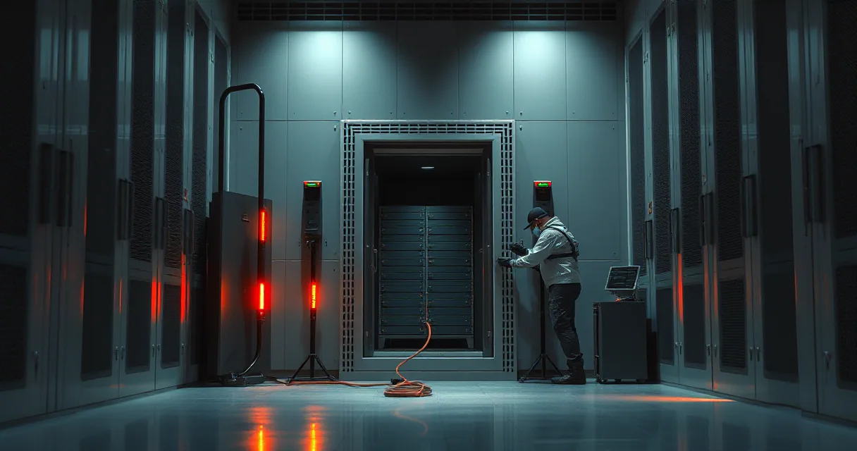 An incident responder in protective gear works near an open vault door inside a high-tech server room illuminated by blue and orange lights.