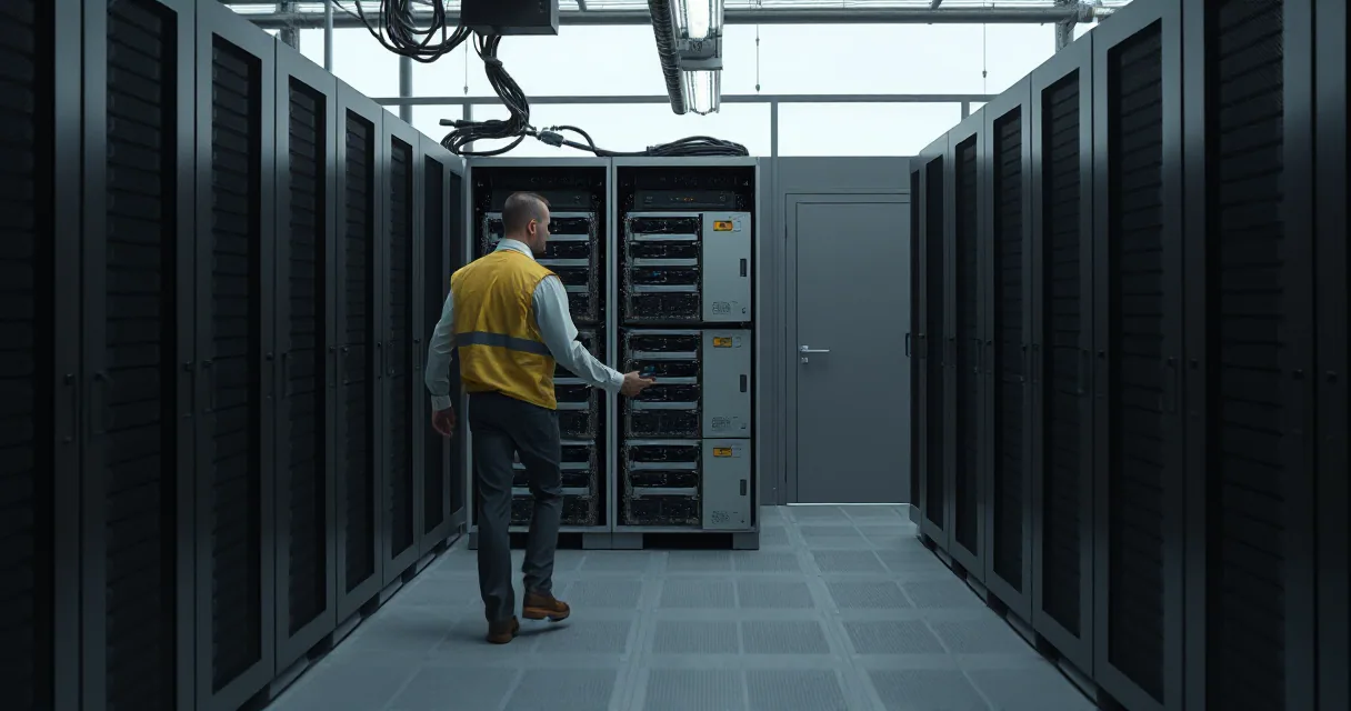 A technician in a yellow safety vest stands in a modern data center aisle, interacting with a server rack. The scene features rows of grey cabinets under soft overhead lighting, creating a sense of industrial scale and infrastructure development.