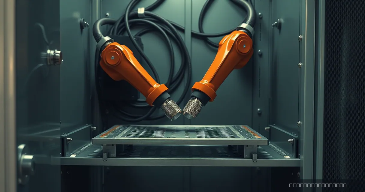 Two orange mechanical robotic arms converge over a metallic platform inside a technical cabinet, symbolizing a dynamic shift in market leadership.