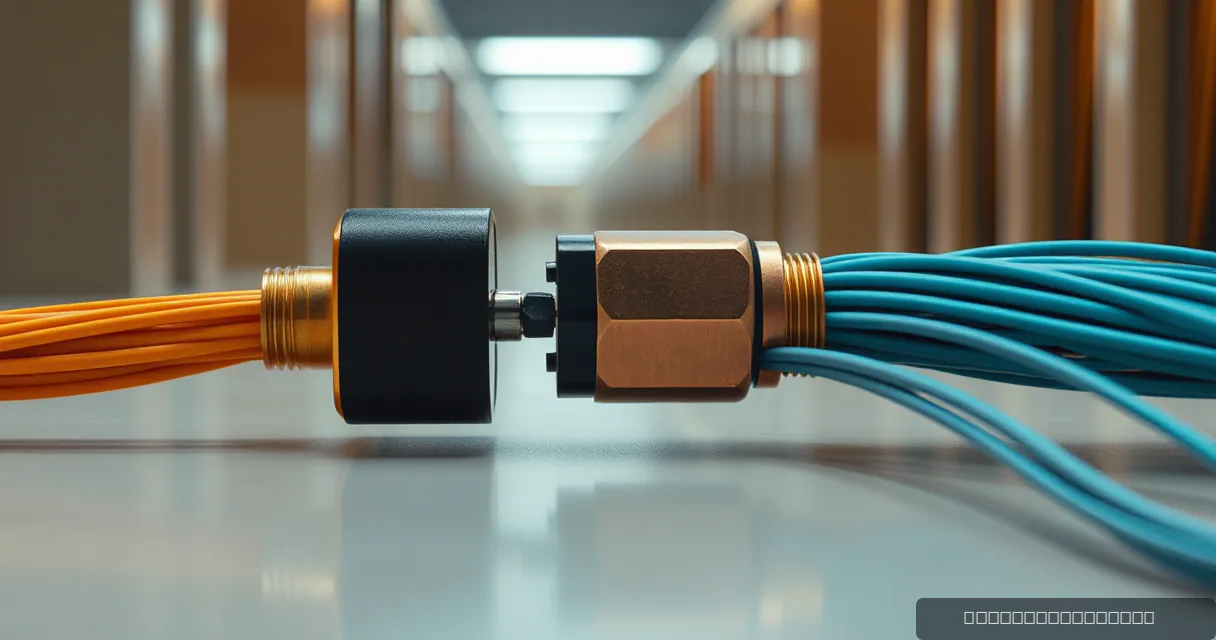 A cinematic close-up of two sets of thick cables—one orange and one teal—connecting through a heavy industrial metal coupler in a blurred architectural corridor.