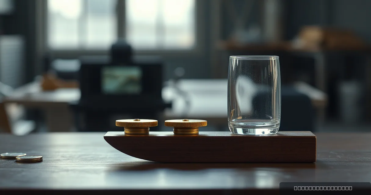 Two brass-rimmed weights sit on a polished wooden base next to a clear glass vessel in a softly lit industrial space.