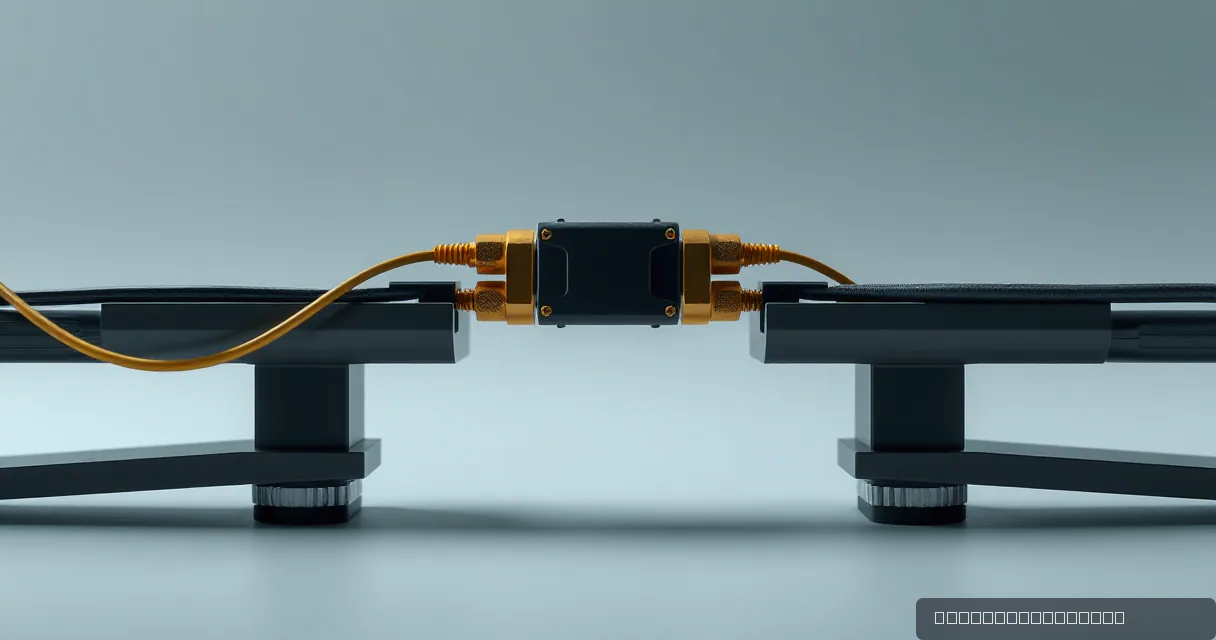 A cinematic close-up of a sleek, dark metallic relay box connecting two heavy industrial rails. A single golden cable plugs into the center unit, symbolizing a seamless transition between financial systems.