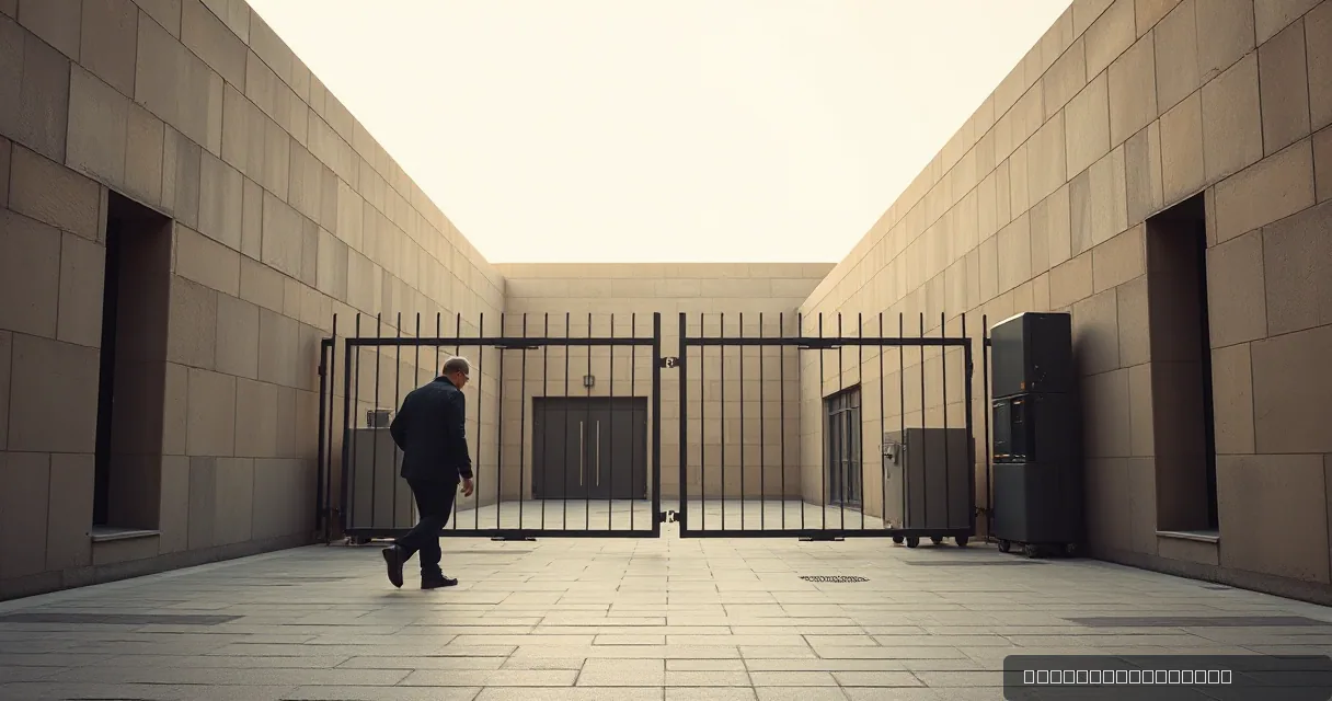 A man in a suit walks past a large metal gate in a minimalist stone courtyard, symbolizing institutional oversight and the enforcement of new financial regulations.
