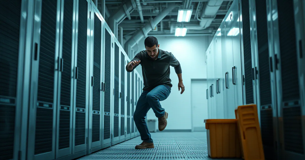 A technician in plain clothing slides across a floor between rows of server racks in a data center, symbolizing the dynamic migration of digital infrastructure.