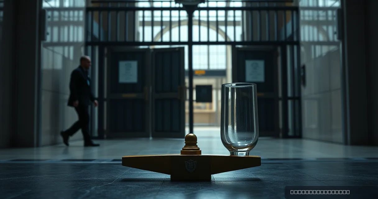 A close-up of a brass balance scale with a gavel-like head sitting on a stone floor. Next to it stands a tall, clear glass cylinder. In the blurred background, a man in a suit walks through a large, arched doorway in a grand hall.
