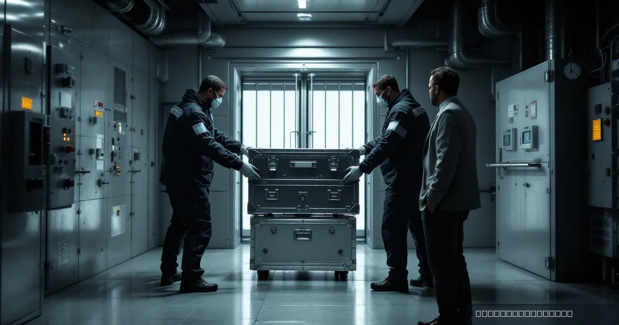 Two technicians in protective gear move a large metallic armored case through an industrial corridor while a man in a suit observes the process.