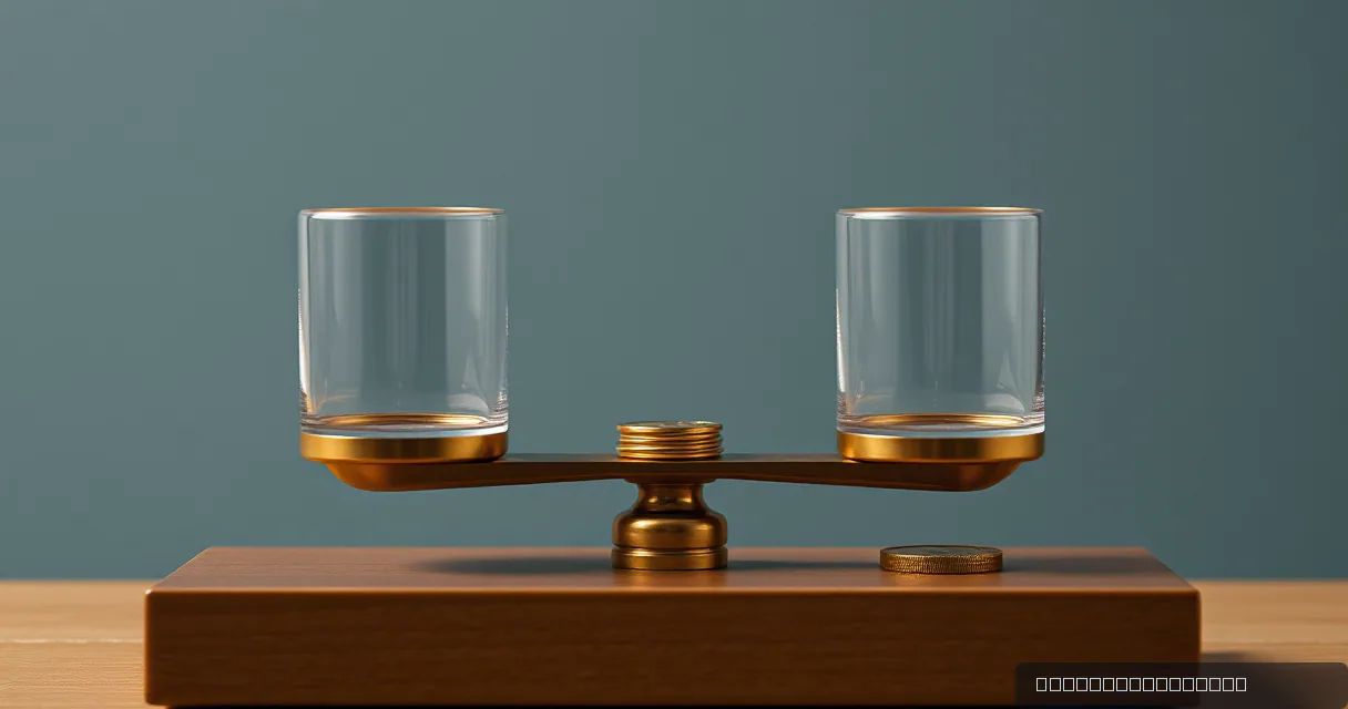 A balanced brass scale with two clear glass containers sits on a wooden base against a muted teal background. A small stack of coins rests in the center of the beam, while another coin lies on the base, creating a visual metaphor for weight and balance.