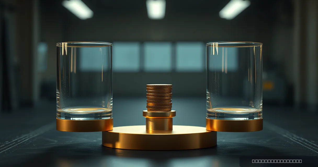 A conceptual editorial image featuring two large glass cylinders on gold bases flanking a central pedestal. On the center pedestal sits a stack of brass weights, symbolizing balanced settlement in a decentralized network. The scene is set in a dimly lit industrial space with soft morning light.