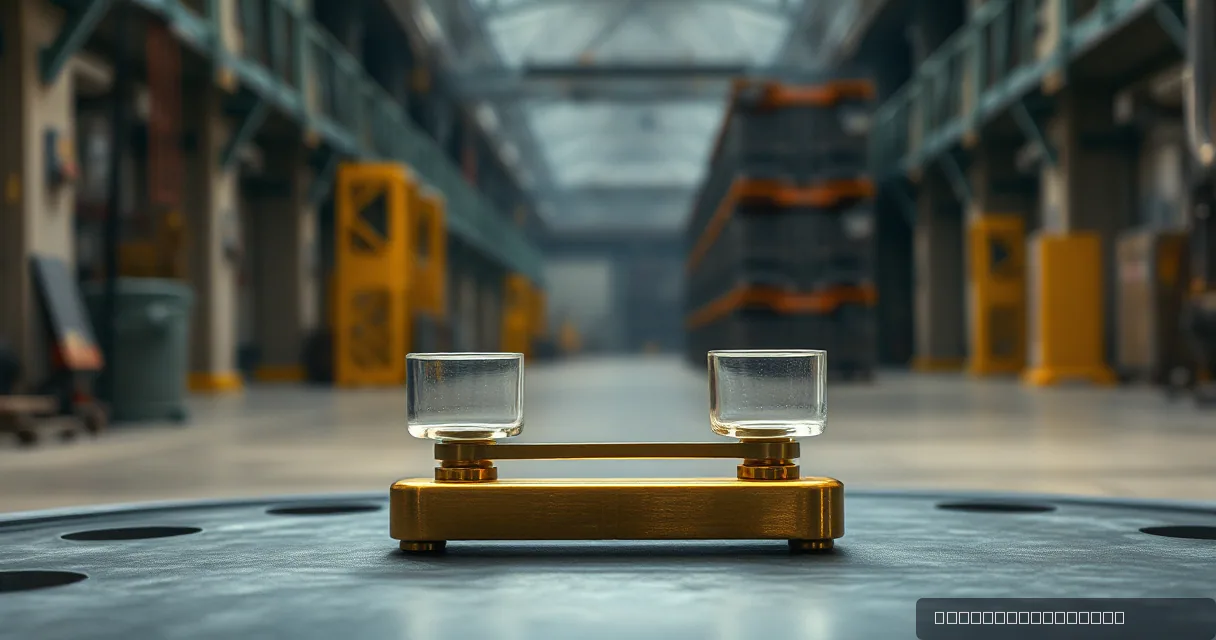 A cinematic close-up of a balanced brass scale with two clear glass containers sitting on a heavy metal base, set against a blurred industrial warehouse backdrop.