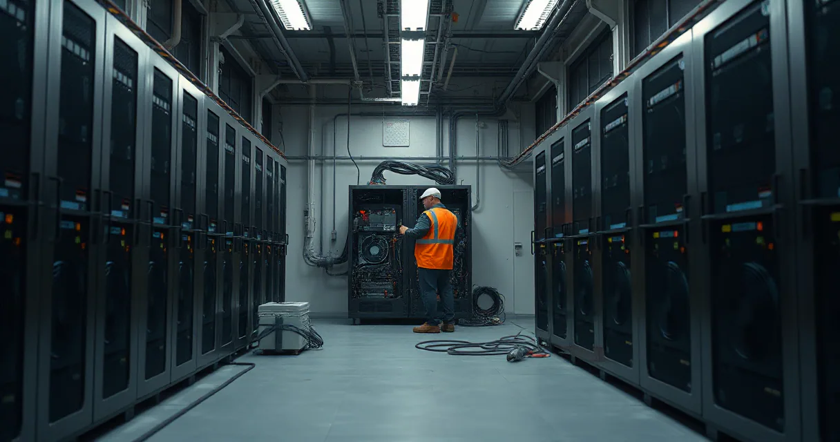 A technician in an orange vest works on a server unit inside a large industrial mining facility filled with rows of cooling-equipped hardware.